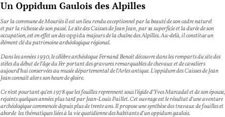 Un Oppidum Gaulois des Alpilles Sur la commune de Mouriès il est un lieu rendu exceptionnel par la beauté de son cadre naturel et par la richesse de son passé. Le site des Caisses de Jean Jean, par sa superficie et la durée de son occupation, est en effet un des oppida majeurs de la chaîne des Alpilles. Au-delà, il constitue un élément clé du patrimoine archéologique régional. Dans les années 1930, le célèbre archéologue Fernand Benoit découvre dans les remparts du site des stèles du début de l’âge du Fer portant des gravures remarquables de chevaux et de cavaliers aujourd’hui conservées au musée départemental de l’Arles antique. L’oppidum des Caisses de Jean Jean connaît alors son heure de gloire. Ce n’est pourtant qu’en 1978 que les fouilles reprennent sous l‘égide d’Yves Marcadal et de son épouse, rejoints quelques années plus tard par Jean-Louis Paillet. Cet ouvrage est le résultat d’une aventure archéologique commencée depuis plus de trente ans. Il propose une synthèse des travaux de fouilles et aborde les thématiques liées à la vie quotidienne des habitants d’un oppidum gaulois.